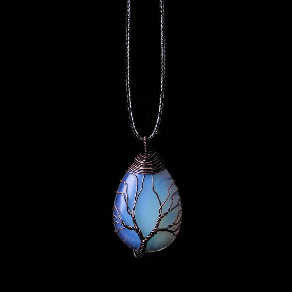 Tree Of Life Copper Wire Wrap Opal Glass Stone Pendant Necklace